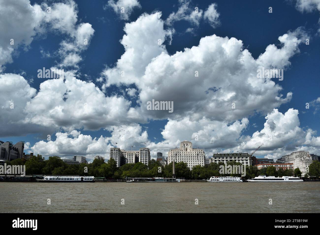 view across river thames;london;from south bank;cleopatra's needle;shell mex house;now pearson publishing company;art deco;1930;sir john james burnet; Stock Photo