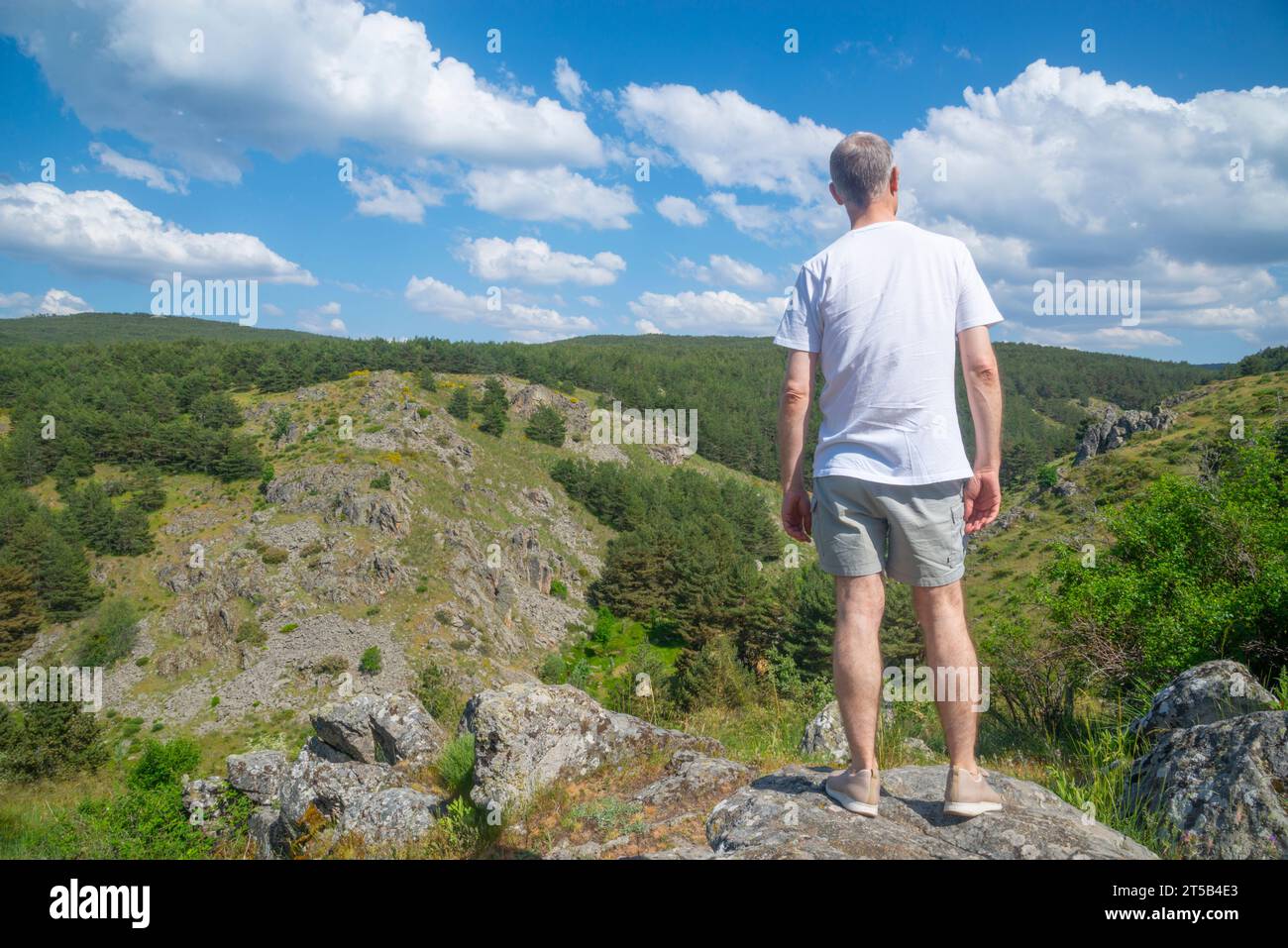 Man at the viewpoint. La Morcuera mountain pass, Madrid province, Spain. Stock Photo