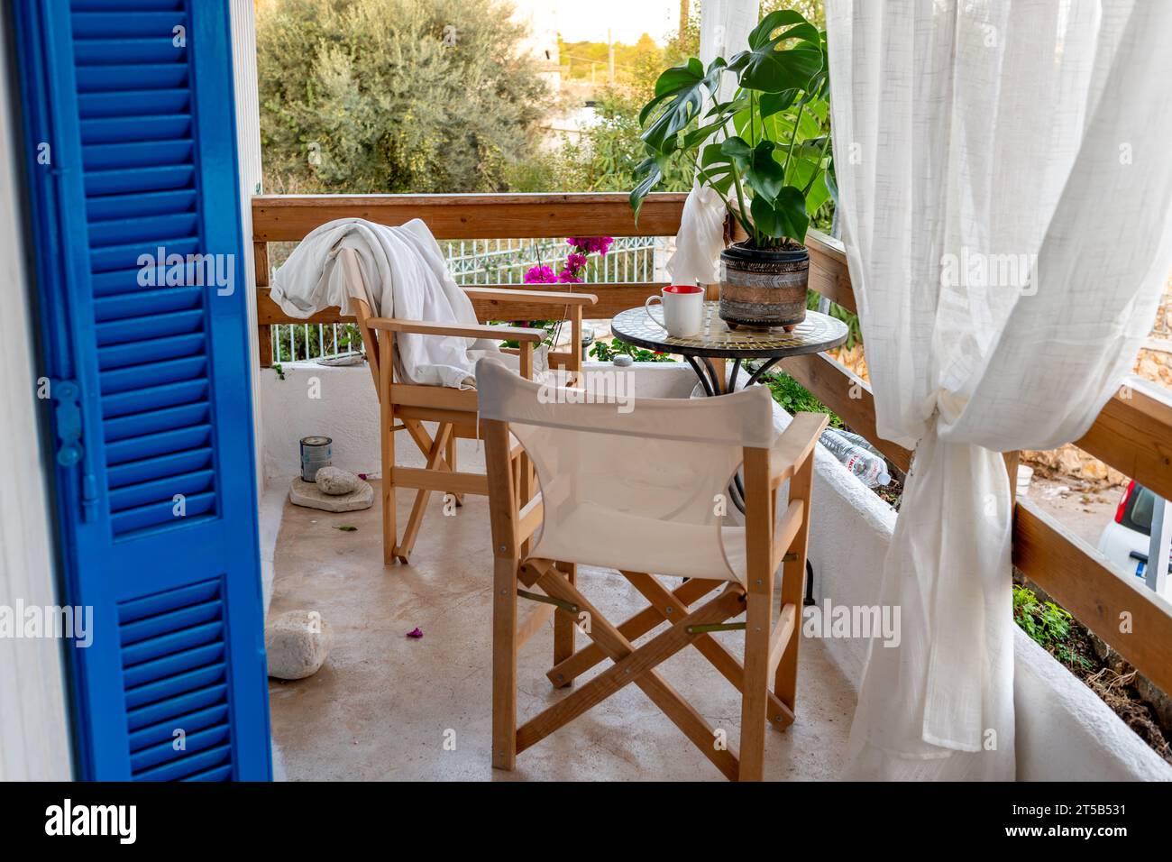 A Mediterranean style balcony for peaceful relaxation. Stock Photo