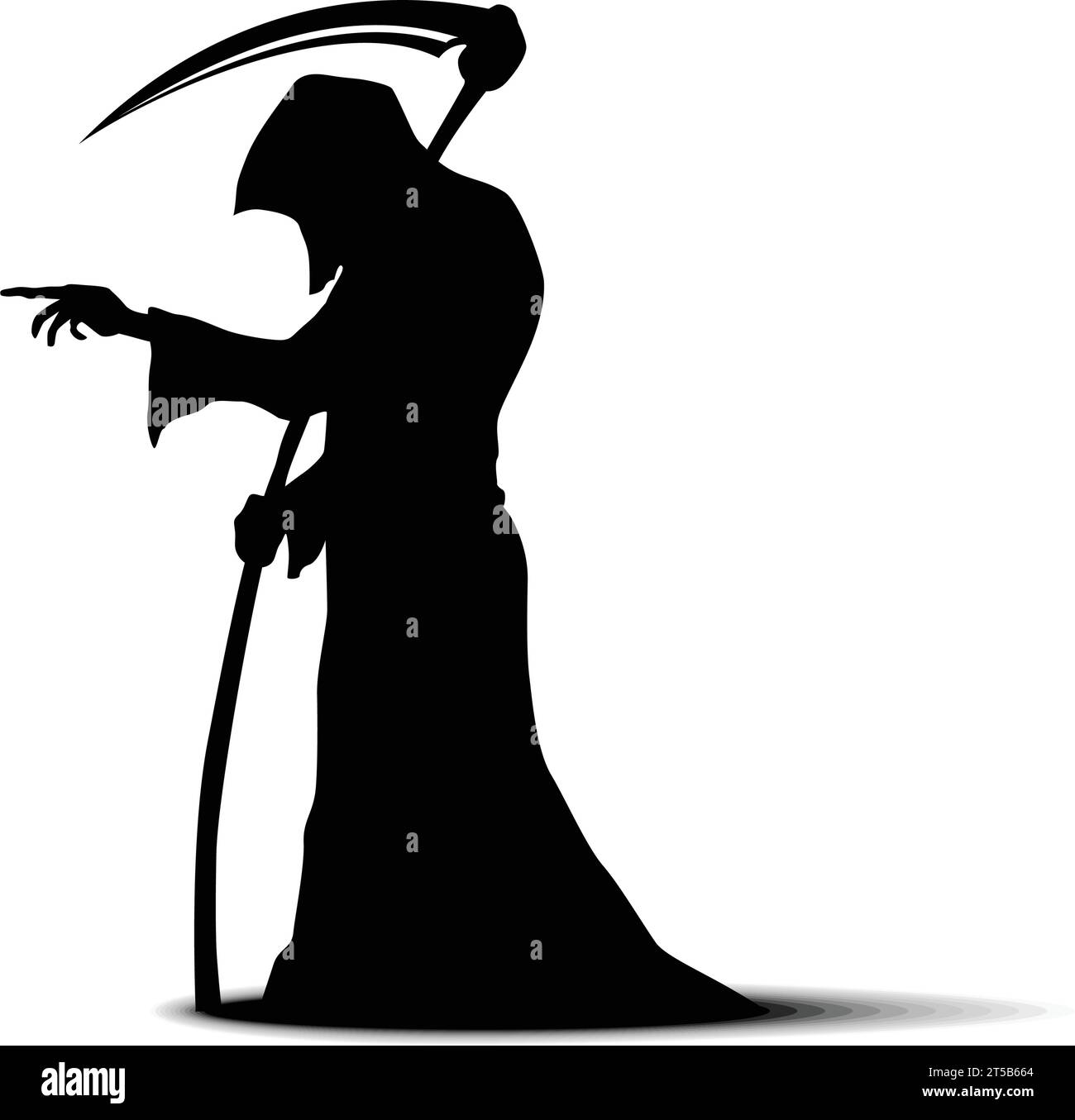 Grim Reaper of Death with scythe on shoulders points to victim. Vector icon on transparent background Stock Vector