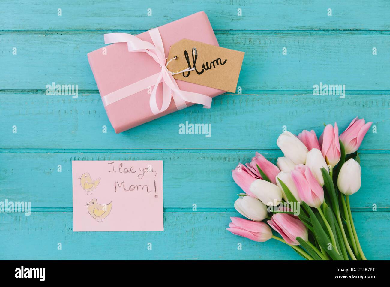 I love you mom inscription with tulips gift Stock Photo