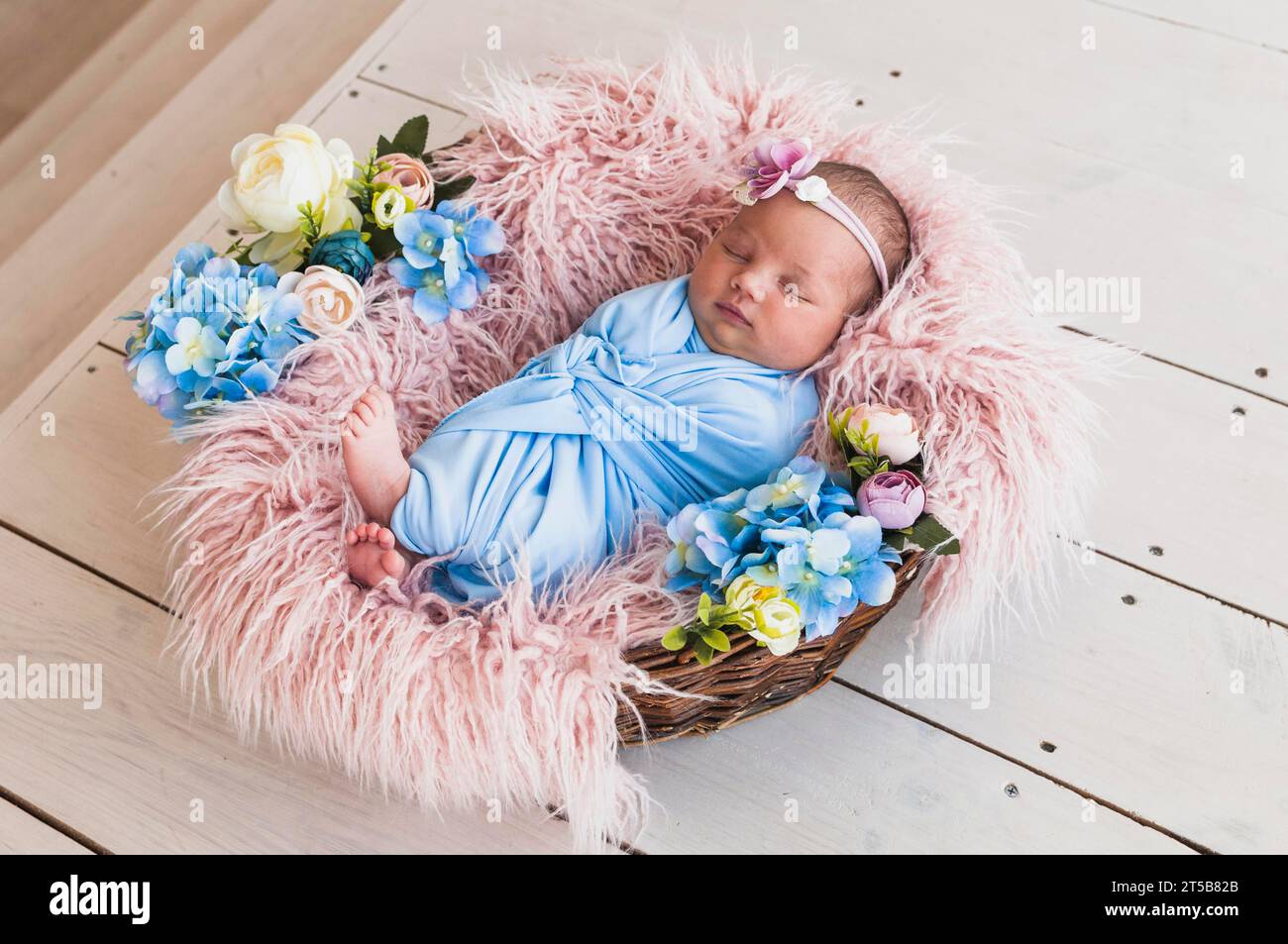 Newborn baby sleeping basket Stock Photo