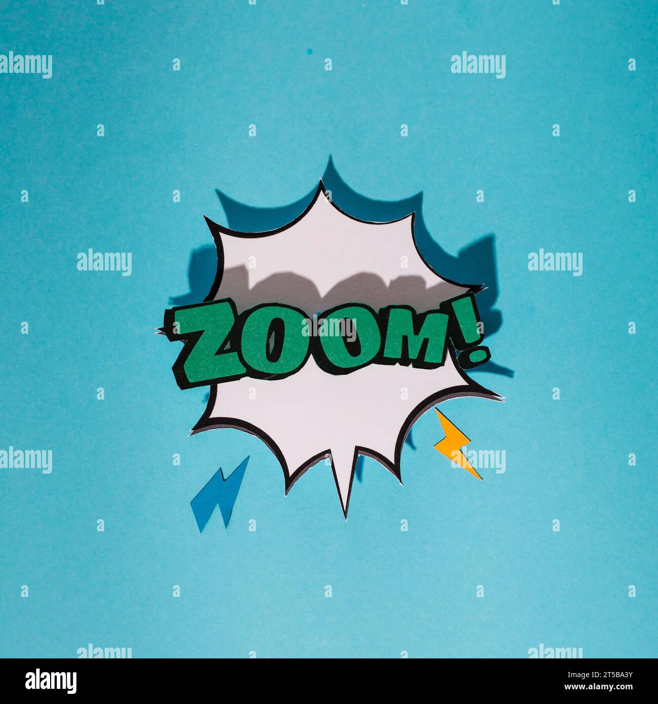 Explosion sound effect with zoom text speech bubble against blue