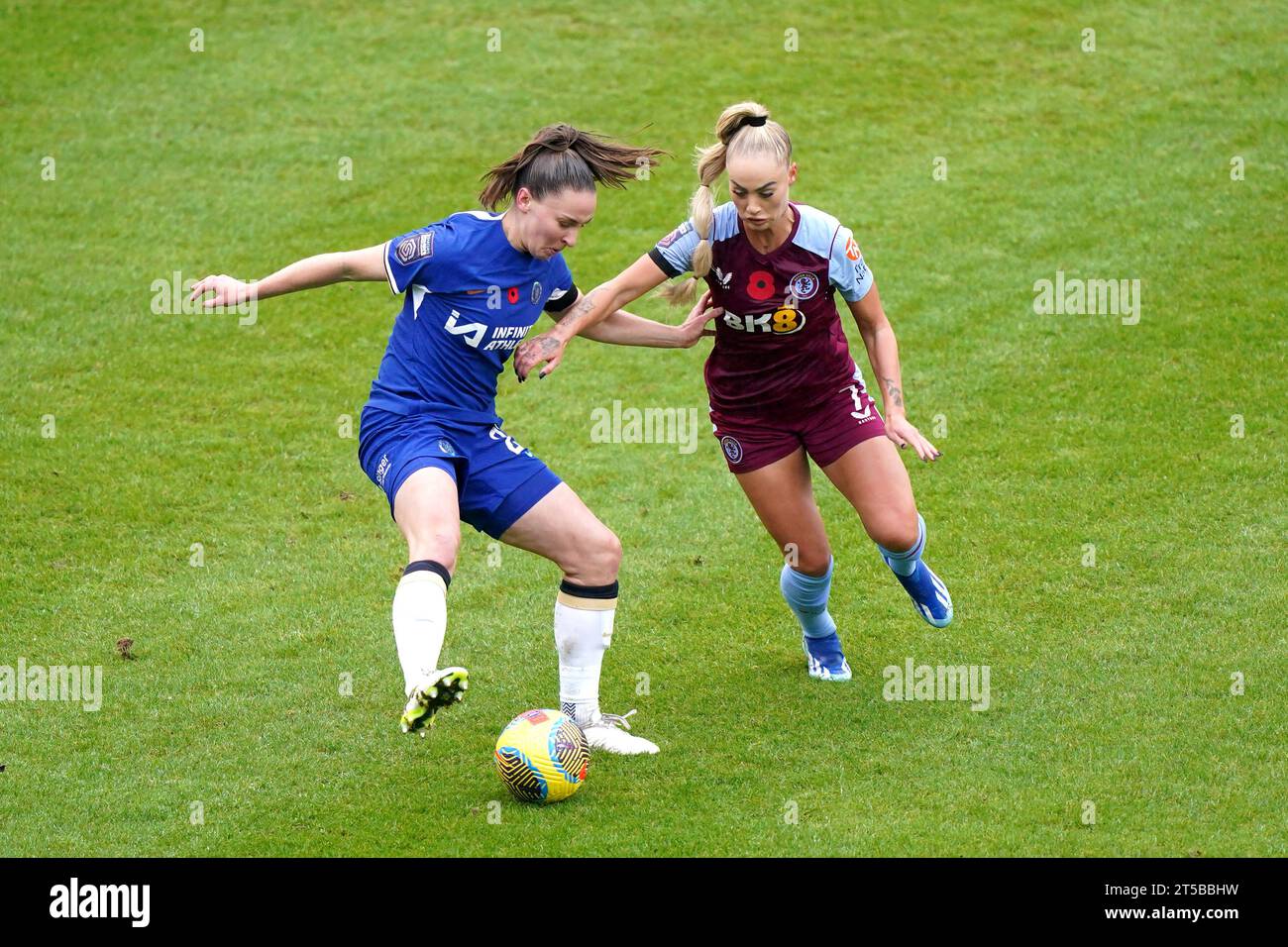 Chelsea's Niamh Charles (left) and Aston Villa's Alisha Lehmann battle for the ball during the Barclays Women's Super League match at the Poundland Bescot Stadium, Walsall. Picture date: Saturday November 4, 2023. Stock Photo
