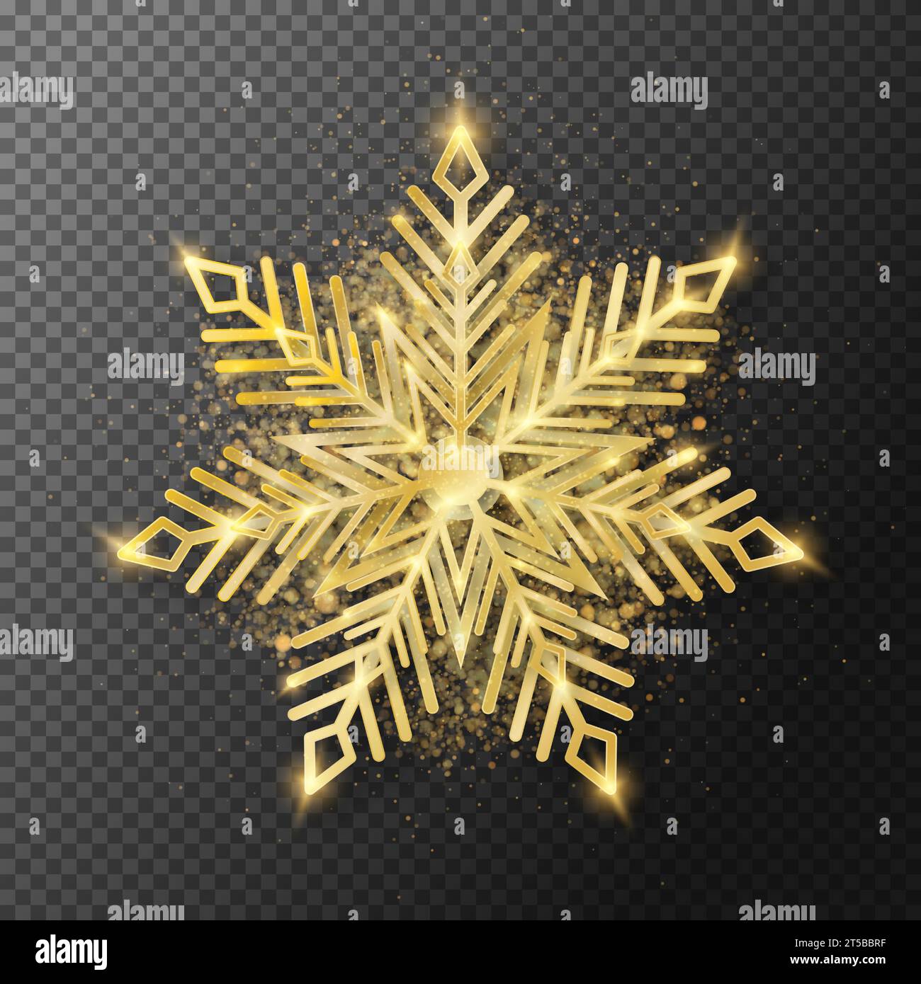 Snowflake with a golden shiny texture on a transparent dark background ...