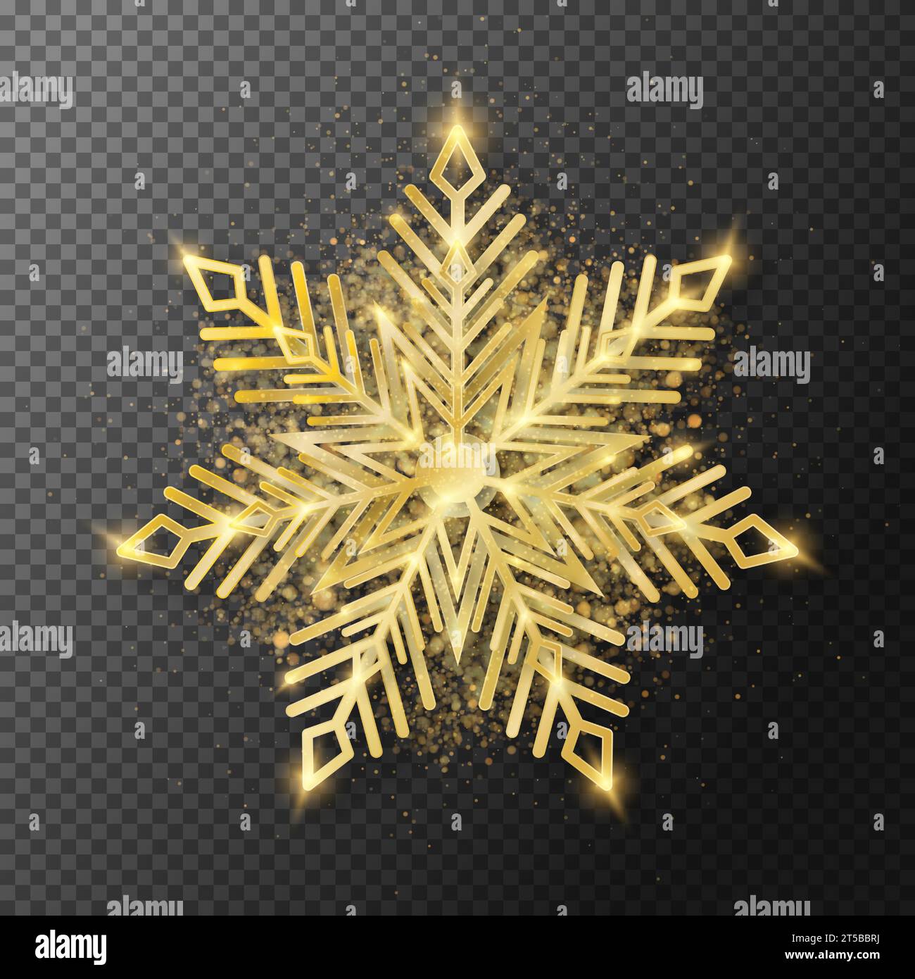 Snowflake with a golden shiny texture on a transparent dark background ...