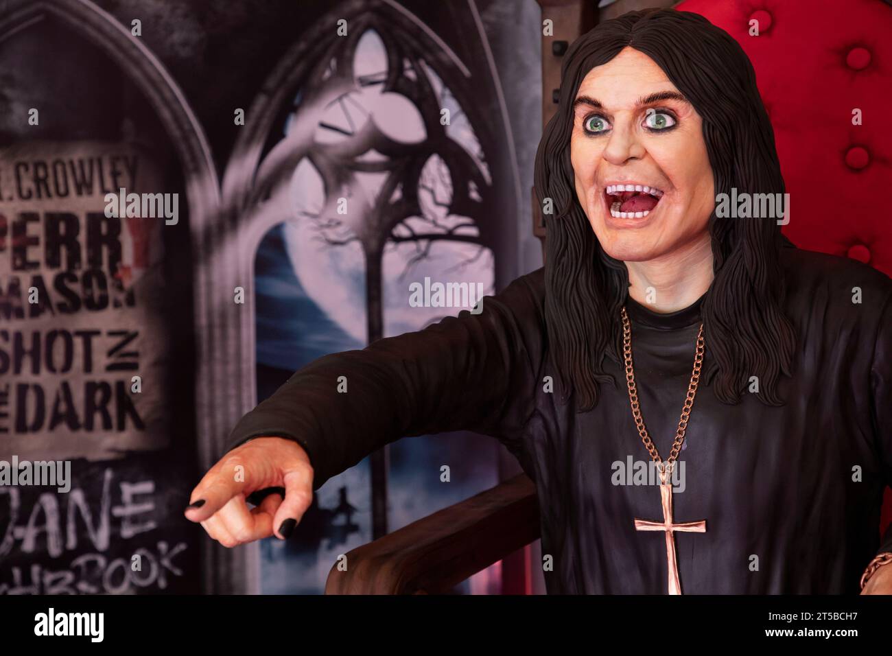 Life-size sculpture of Ozzy Osbourne made from cake unveiled in Birmingham NEC Cake International created by Jane Lashbrook. Stock Photo