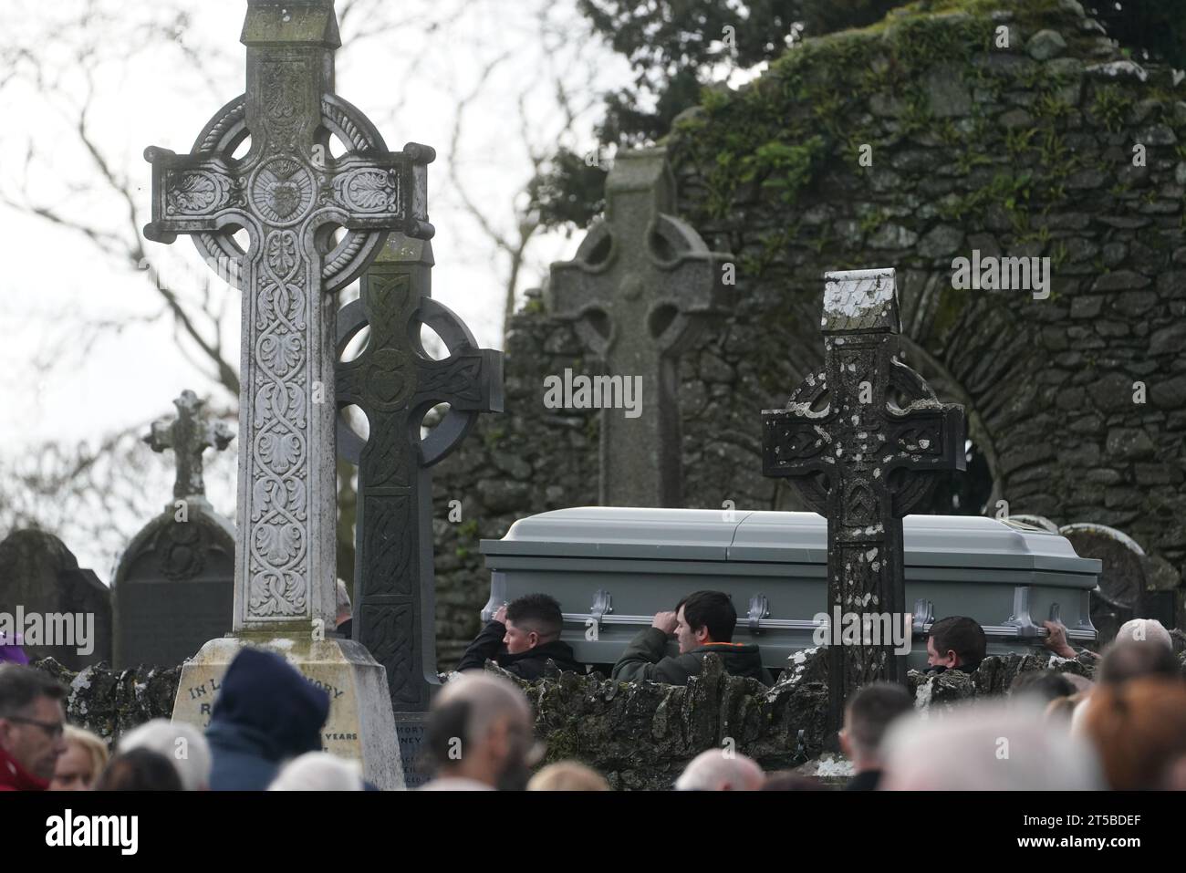 The coffin of Denise Morgan is carried out of the Church of the Assumption in Tullyallen in County Louth after her funeral mass, she was shot dead in a murder/suicide incident in New York. Picture date: Saturday November 4, 2023. Stock Photo