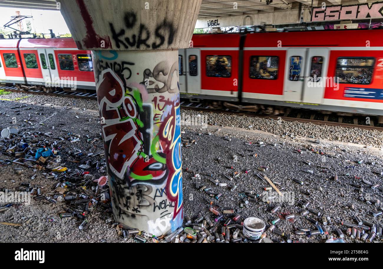 Empty spray paint cans, on a railway track below a road bridge, thrown