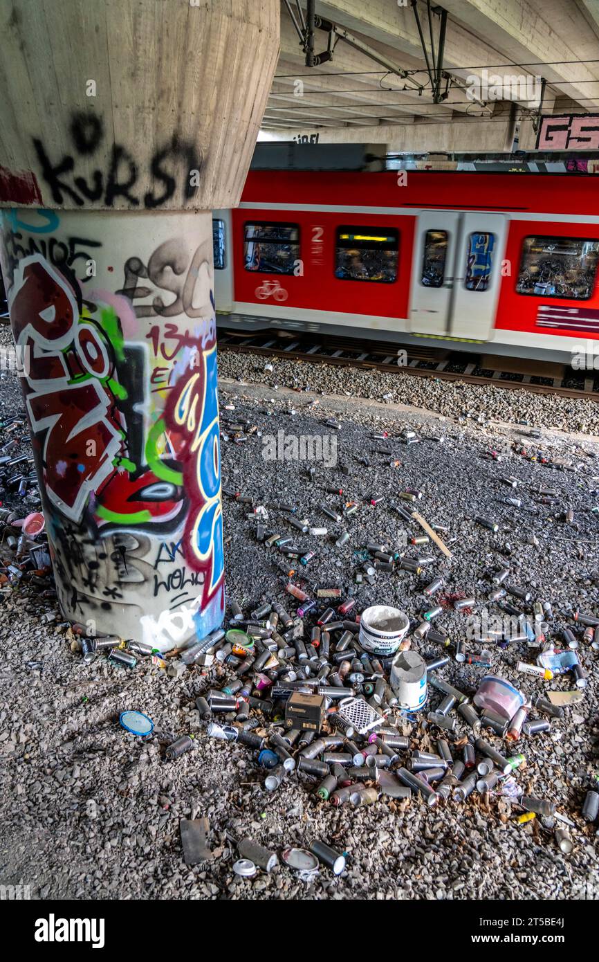 Empty spray paint cans, on a railway track below a road bridge, thrown