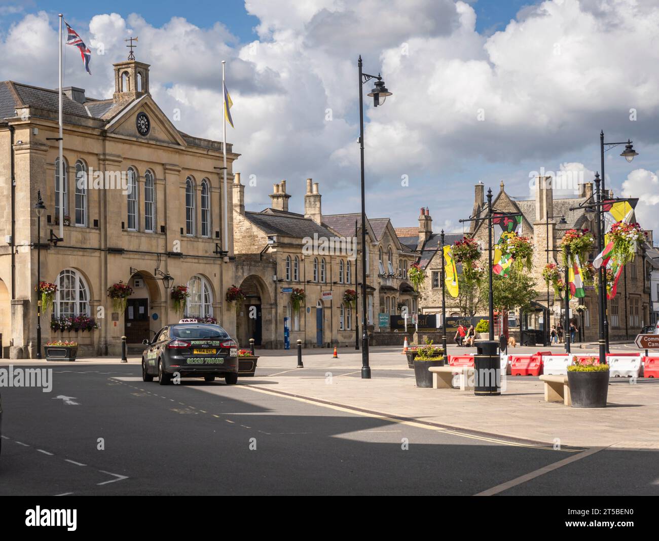 Street view of the Town Hall and buildings in the town of Melksham, Wiltshire, UK Stock Photo