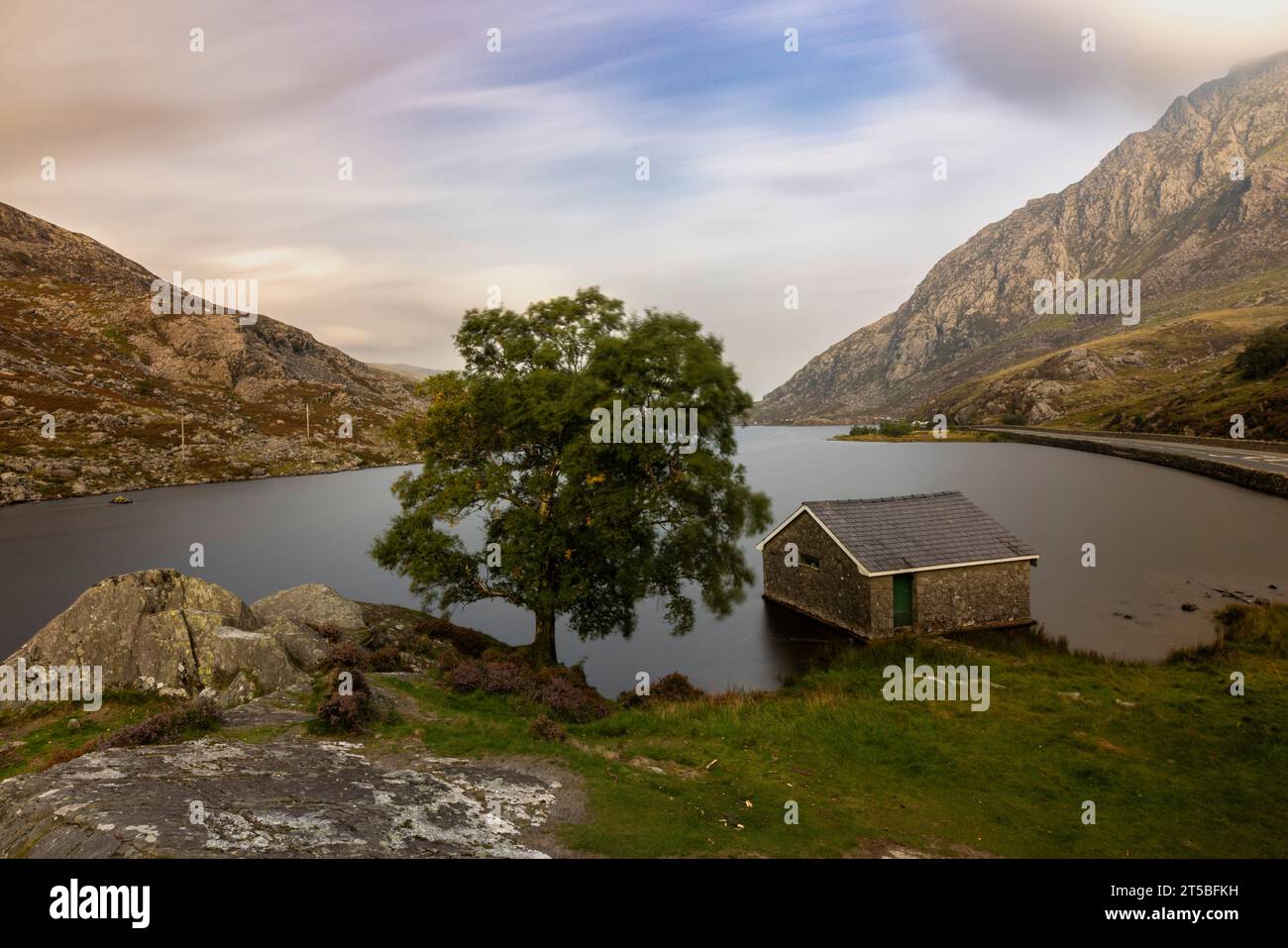 Llyn Ogwen, a ribbon lake in the heart of Snowdonia National Park. The ...