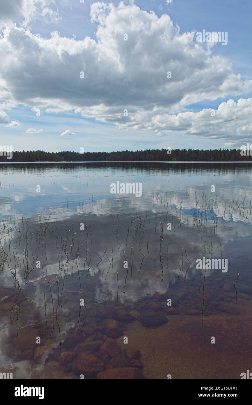 Landscape view of lake Meiko with cloudy sky reflecting on lake surface, Meiko nature reserve, Kirkkonummi, Finland. Stock Photo