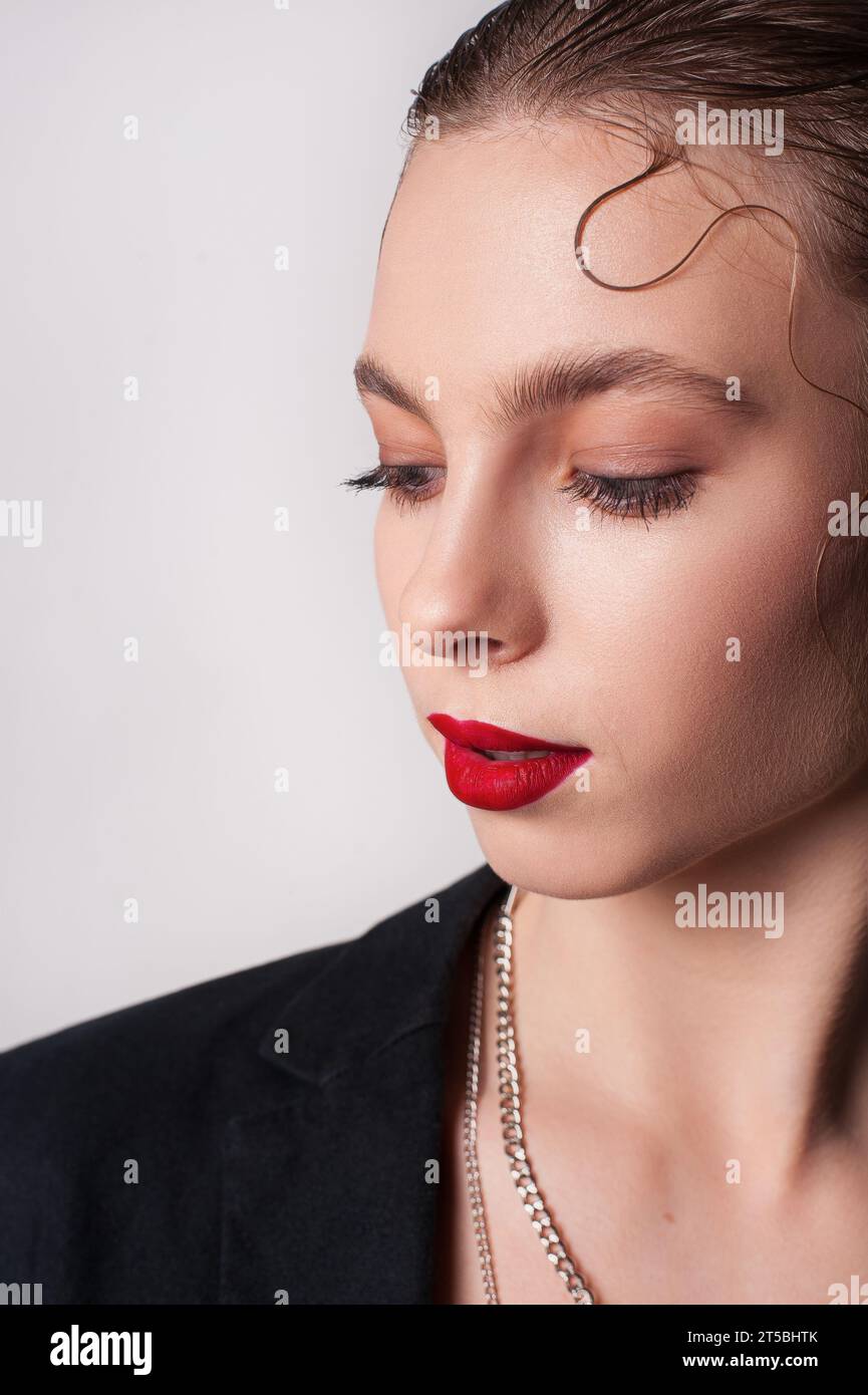 girl with red lips. beauty on a white background Stock Photo - Alamy