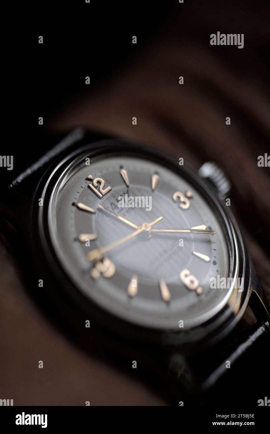 vintage wind up mechanical wristwatch Stock Photo