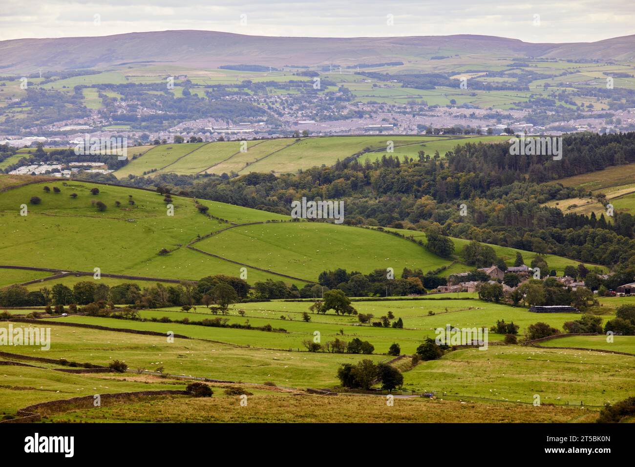 View towards colne from pendle Hill east of Lancashire, England, its summit is 557 metres above sea level. Stock Photo