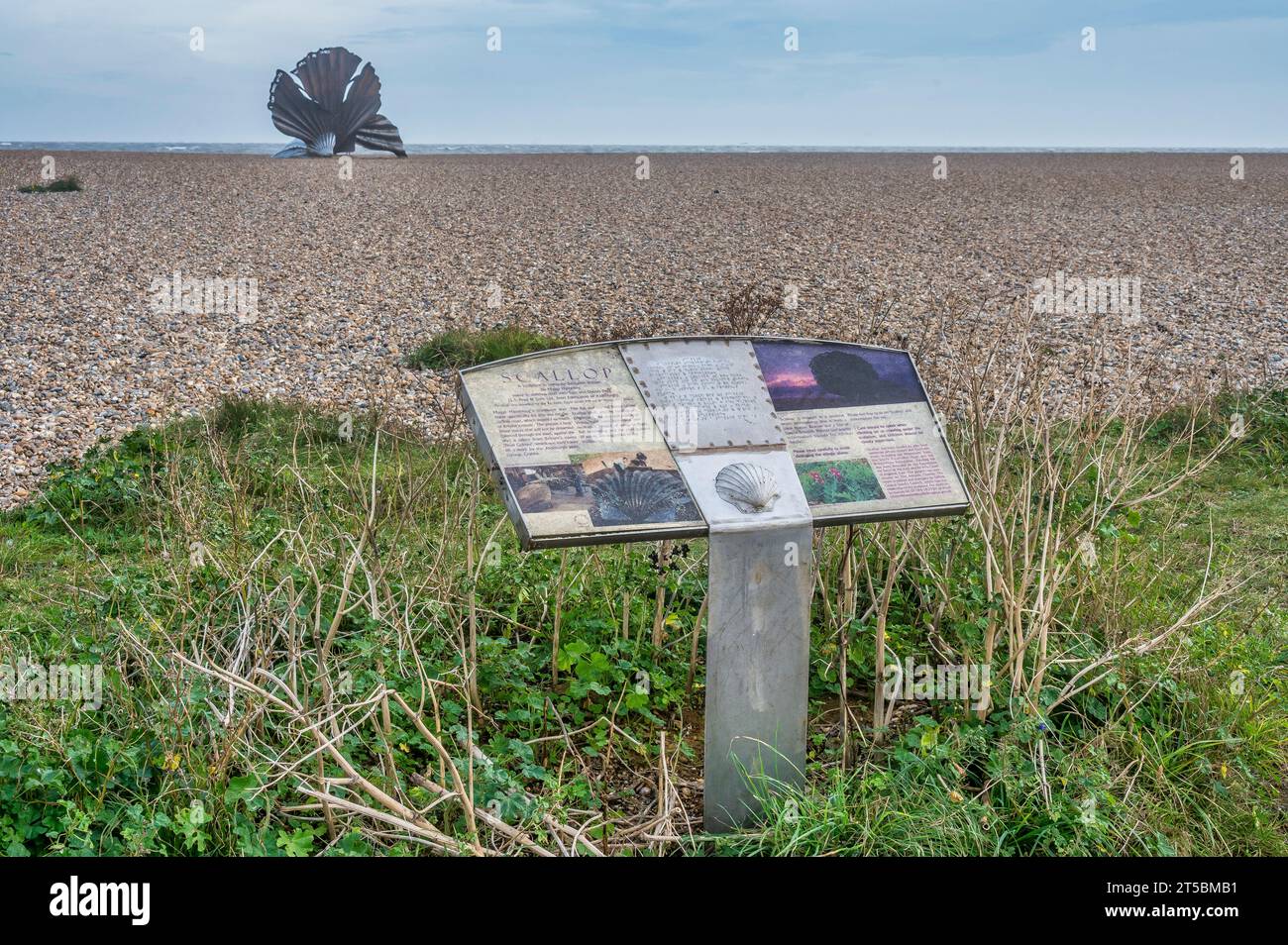 The image is of the Scallop Shell sculpture, located on the beach of the Suffolk Heritage Coast and historical resort town of Aldeburgh Stock Photo