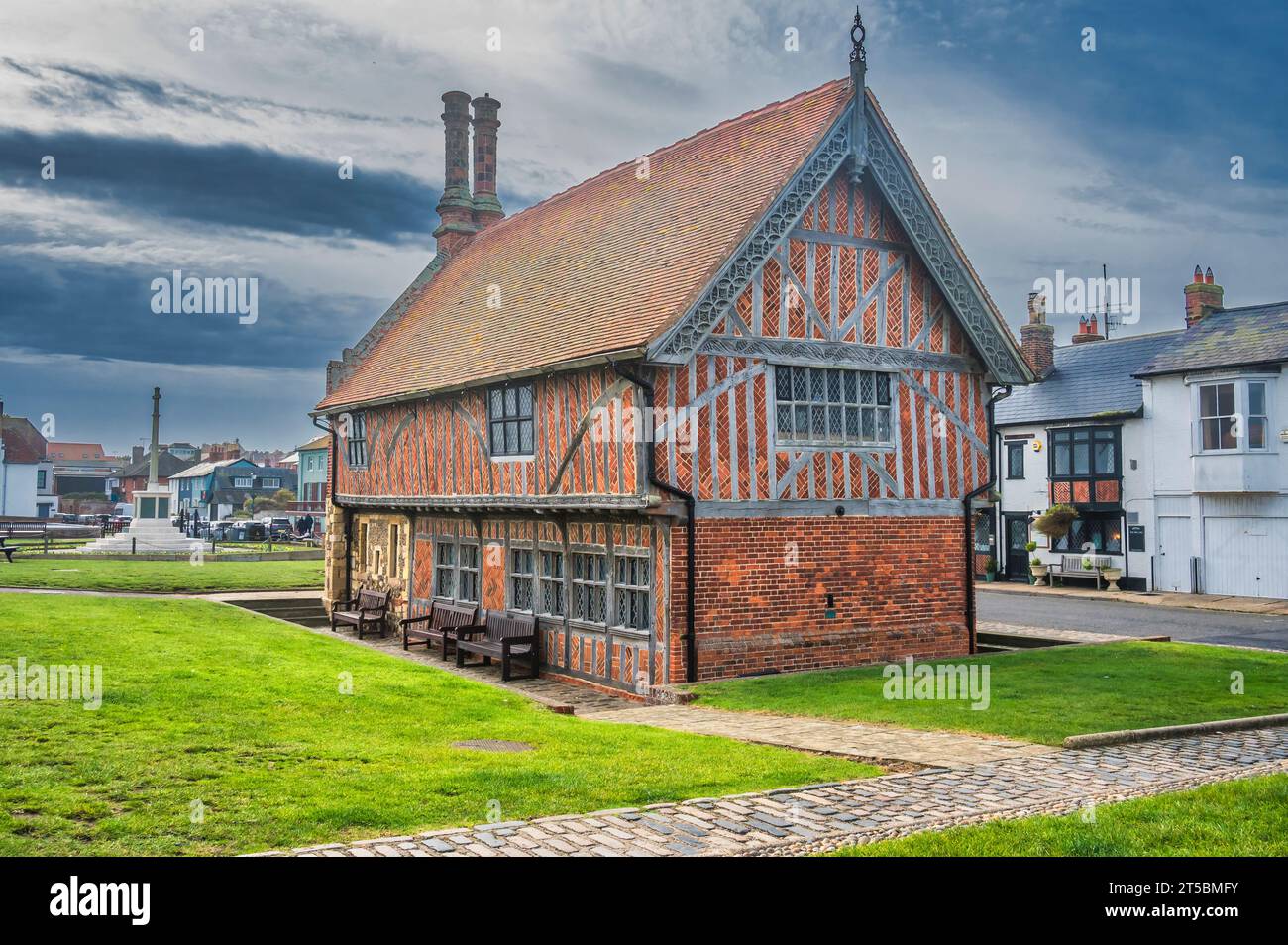 This medieval building is of Moot Hall located on the promenade of the Suffolk Heritage Coast and historical resort town of Aldeburgh, Stock Photo