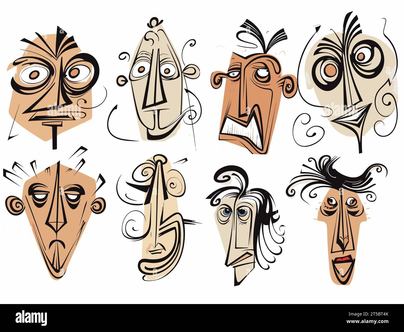 Drawing of 8 cartoon faces illustration separated, sweeping overdrawn lines. Stock Vector