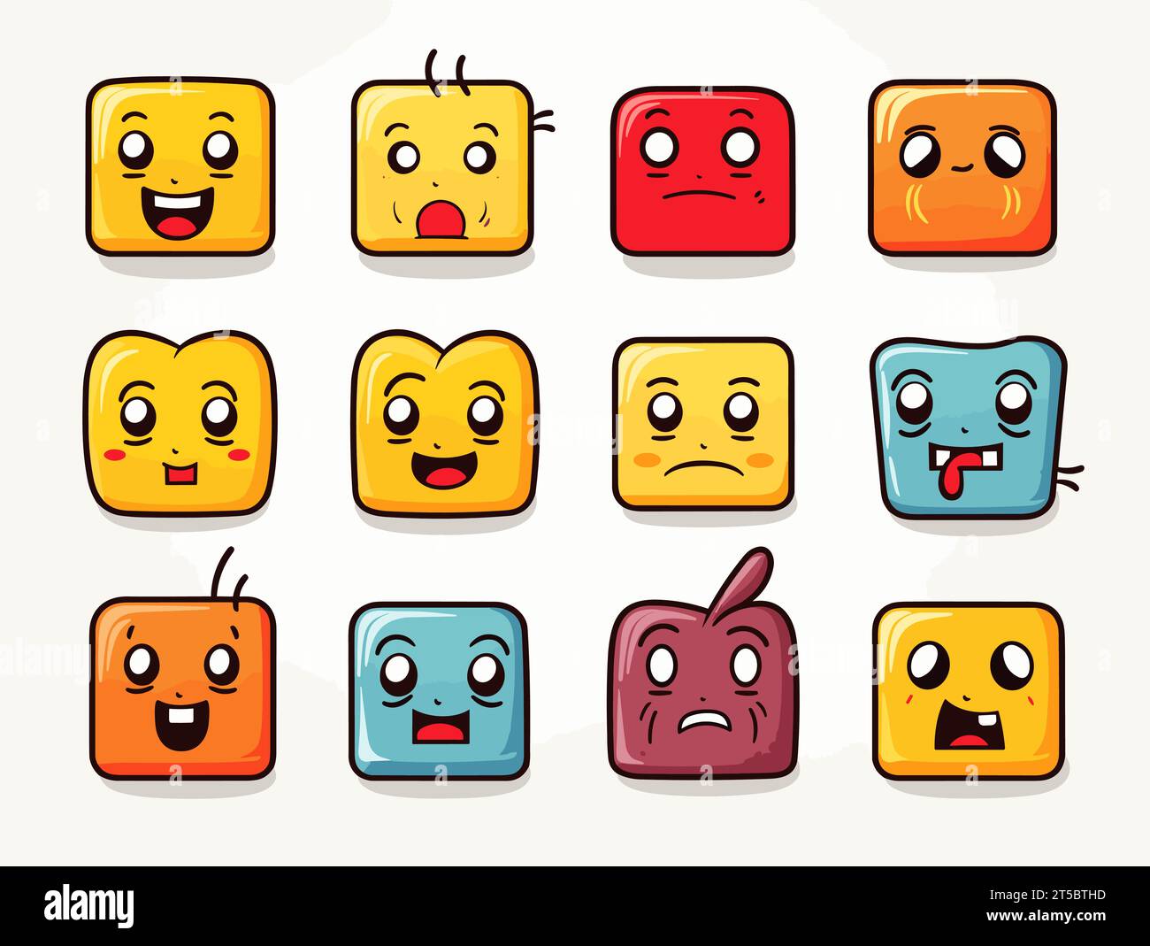 Drawing of 8 types Doodle Emoji face icon set illustration separated, sweeping overdrawn lines