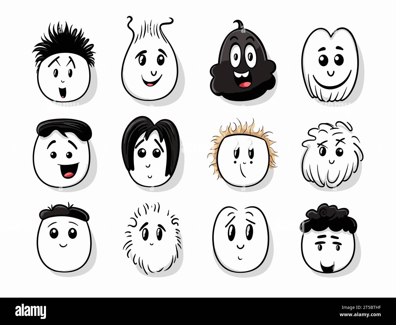 Drawing of 8 types Doodle Emoji face icon set illustration separated, sweeping overdrawn lines. Stock Vector