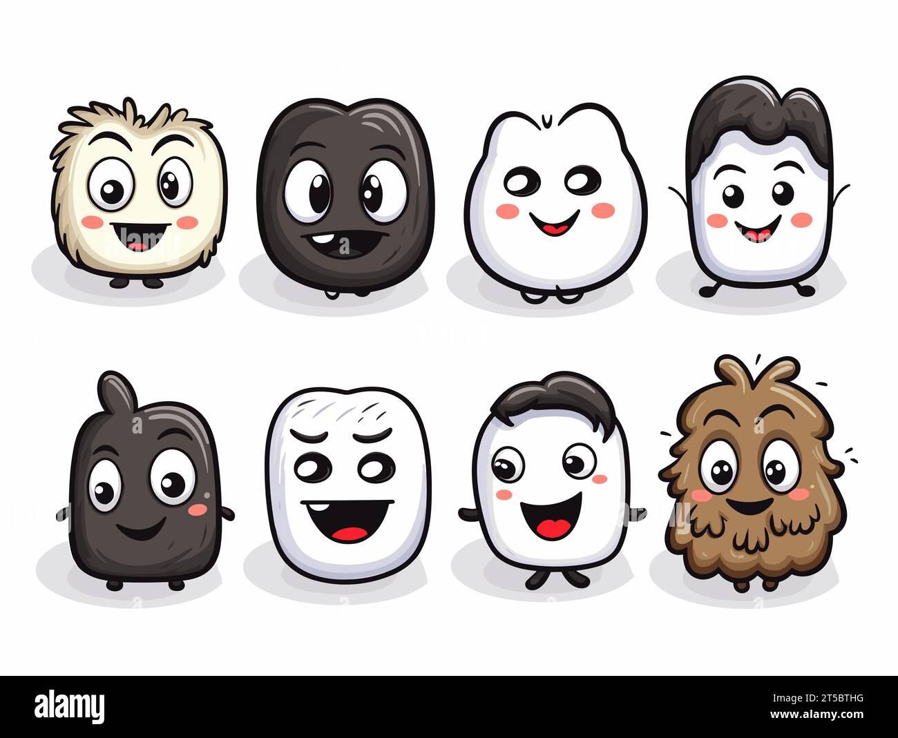 Drawing of 8 types Doodle Emoji face icon set illustration separated, sweeping overdrawn lines. Stock Vector