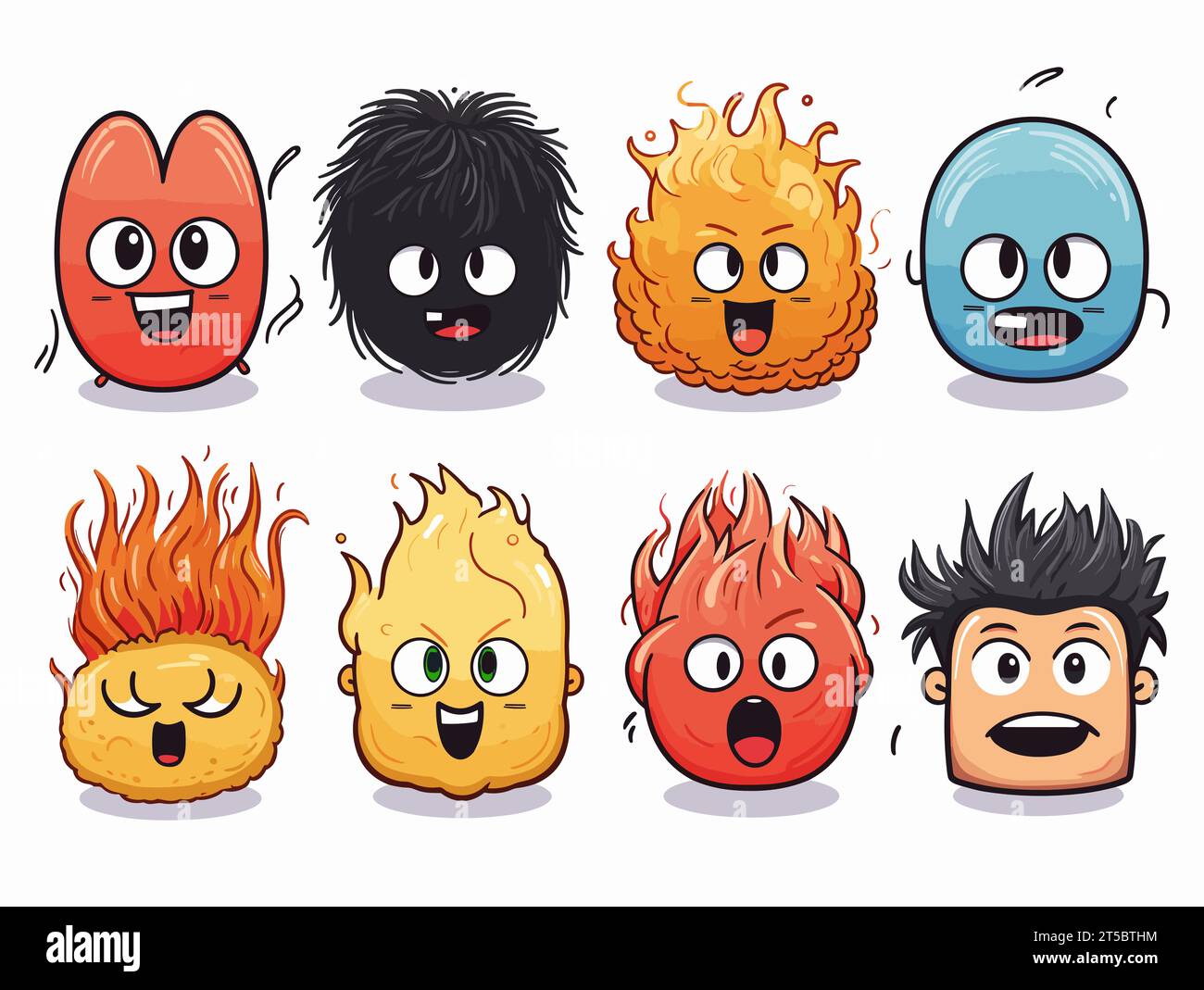 Drawing of 8 types Doodle Emoji face icon set illustration separated, sweeping overdrawn lines