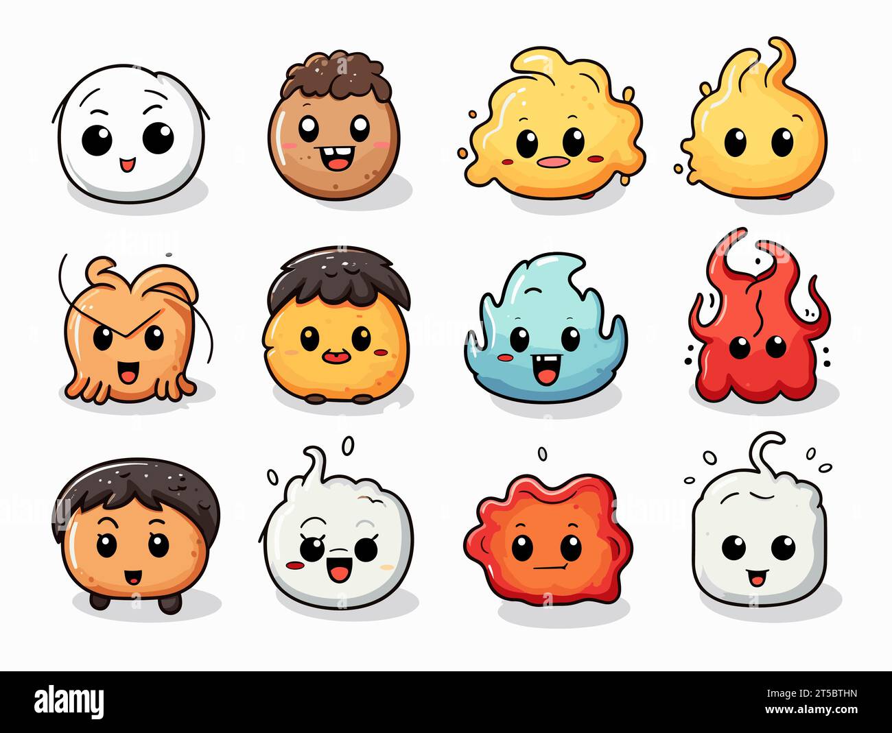 Drawing of 8 types Doodle Emoji face icon set illustration separated, sweeping overdrawn lines