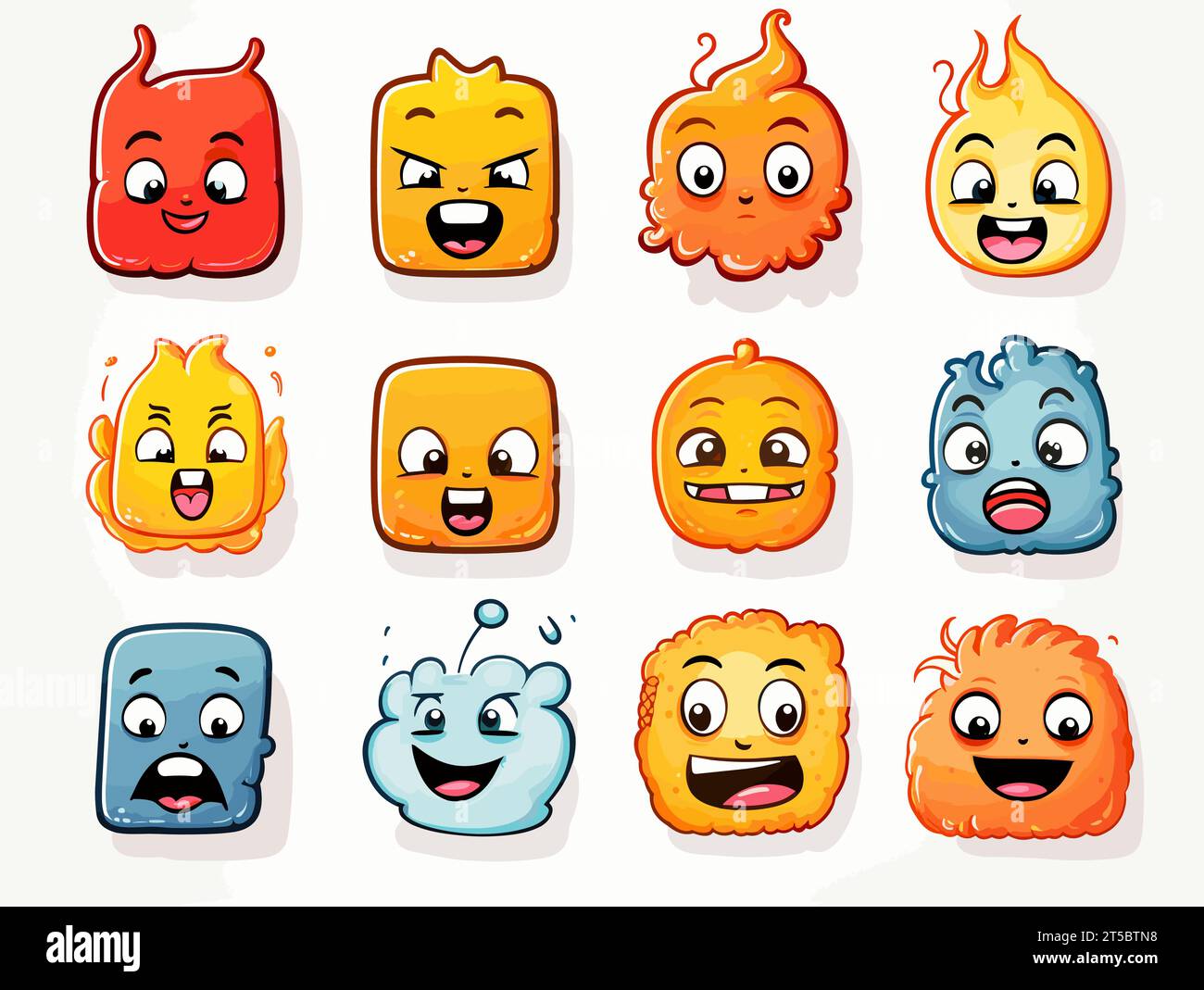 Drawing of 8 types Doodle Emoji face icon set illustration separated, sweeping overdrawn lines