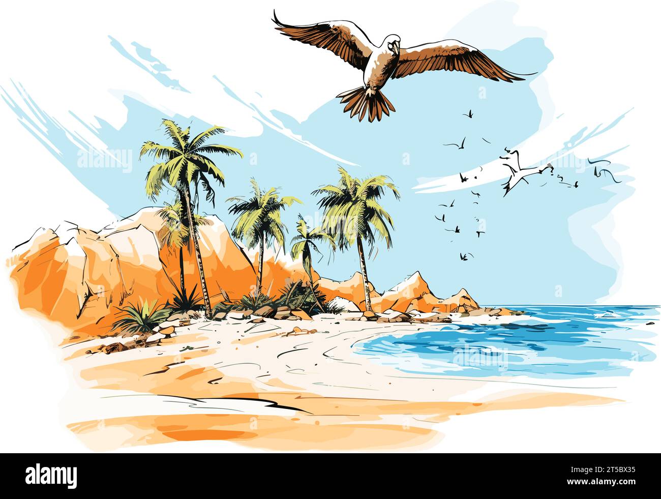 Drawing of Aruba eagle beach caribbean tropical island illustration separated, sweeping overdrawn lines. Stock Vector