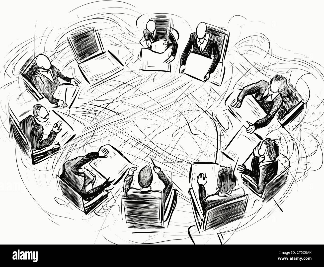 Drawing of Business meeting scene top view illustration separated, sweeping overdrawn lines. Stock Vector