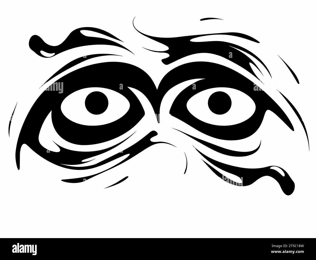 Drawing of Cartoon black ink blot with eyes illustration separated, sweeping overdrawn lines. Stock Vector