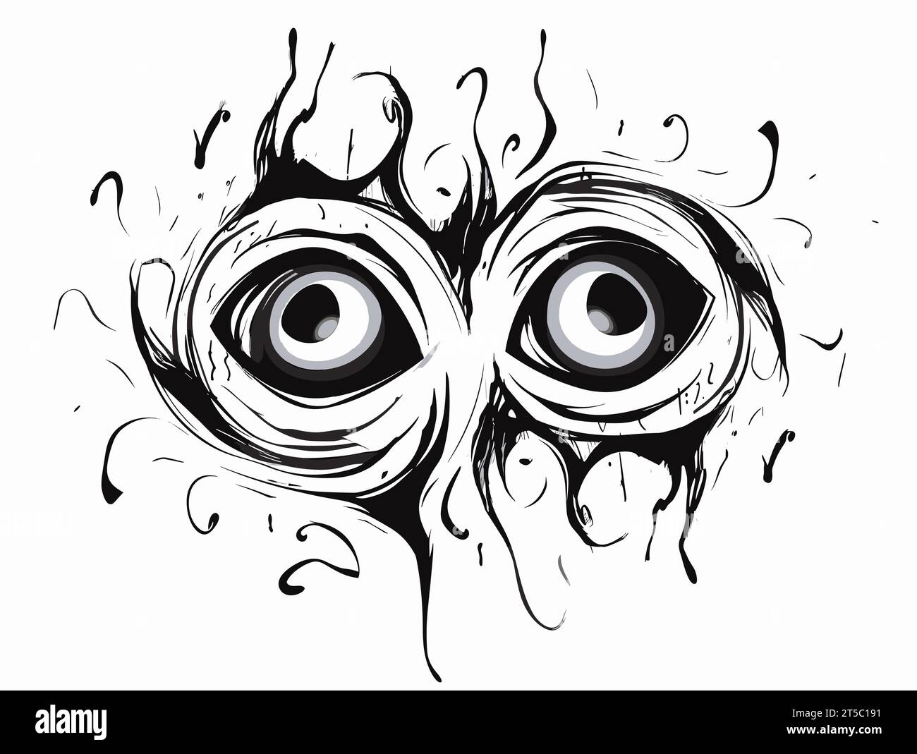 Drawing of Cartoon black ink blot with eyes illustration separated, sweeping overdrawn lines. Stock Vector