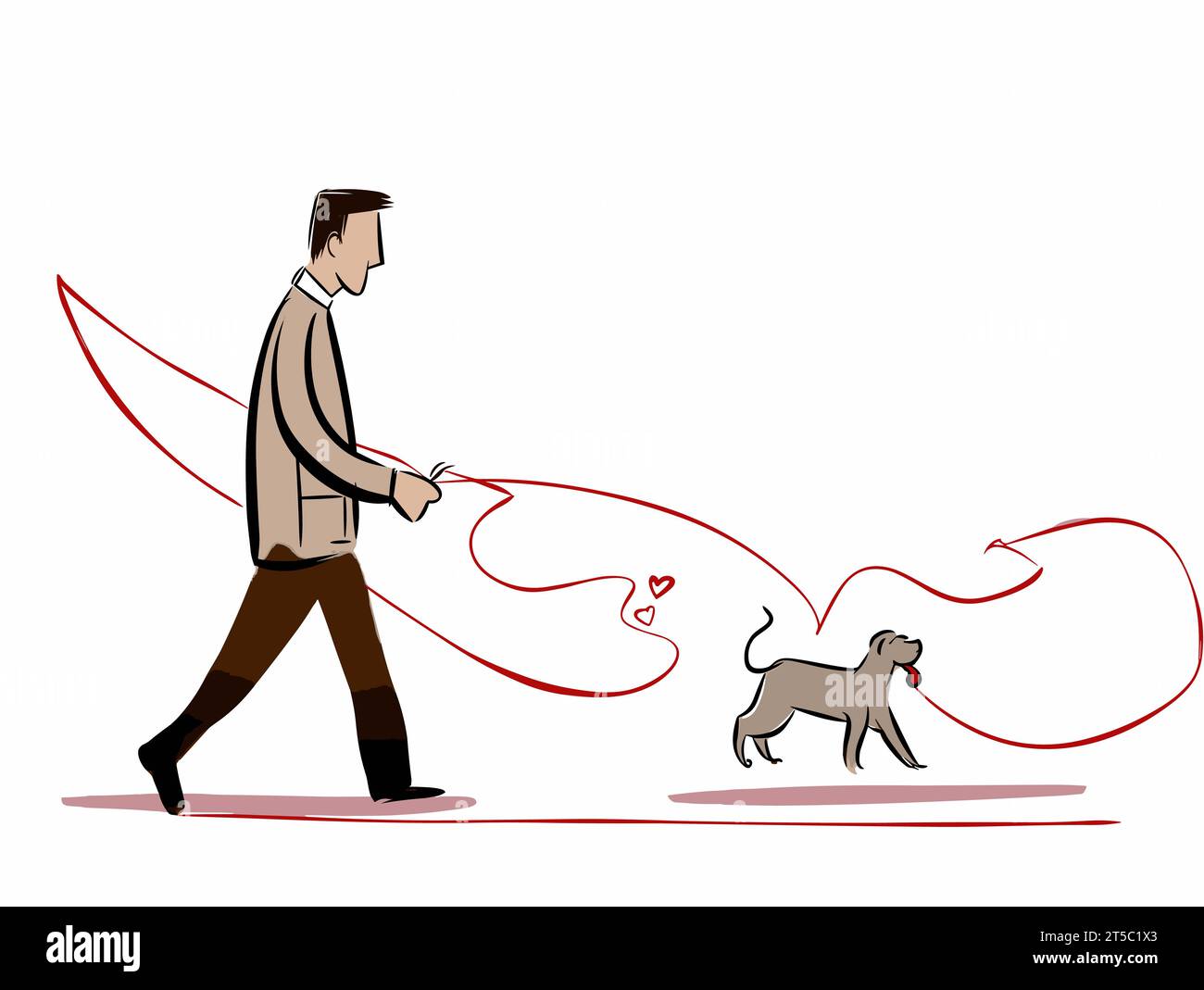 Drawing of Cartoon illustration of man walking his heart illustration separated, sweeping overdrawn lines. Stock Vector