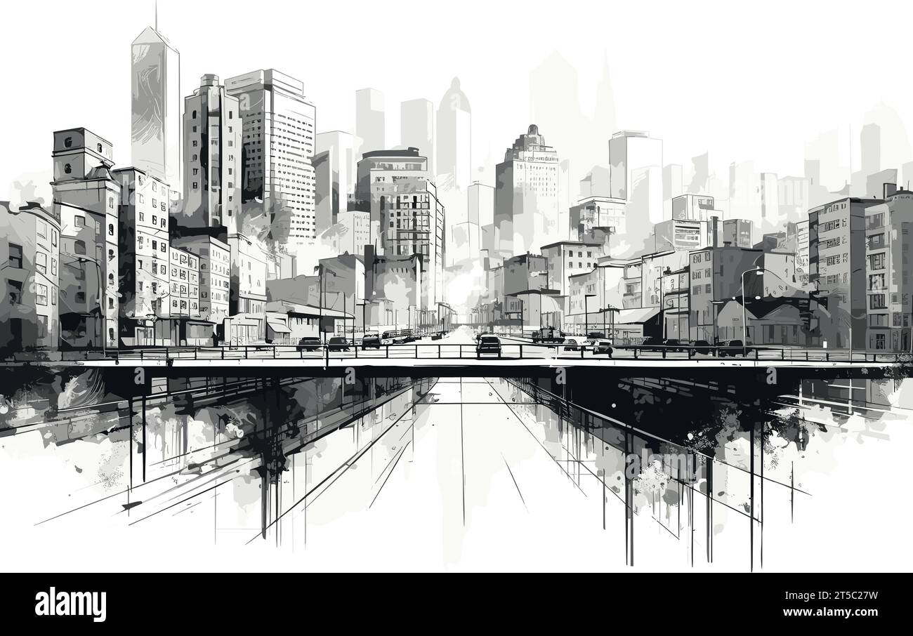 Drawing of City graphic black white cityscape illustration separated, sweeping overdrawn lines. Stock Vector