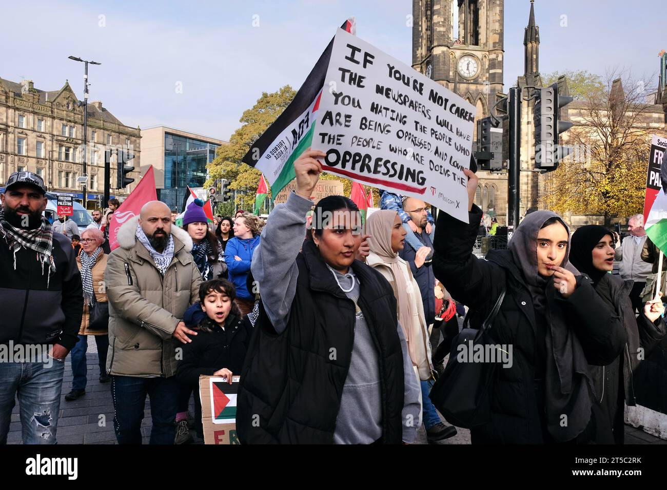 People take to the streets of Newcastle as part of the Palestine Solidarity Campaign March from Civic Centre to Grey Monument at Newcastle City Centre, Newcastle, United Kingdom, 4th November 2023  (Photo by Martin Hurton/News Images) Stock Photo