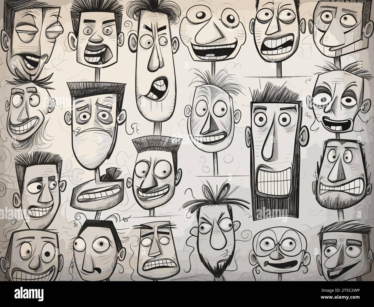 Drawing of Collection of cartoon character faces illustration separated, sweeping overdrawn lines. Stock Vector