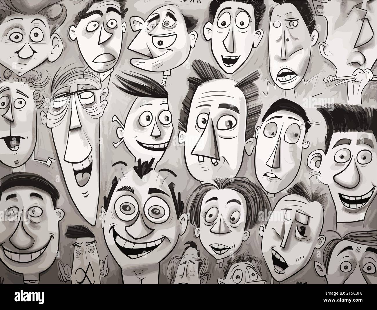 Drawing of Collection of cartoon character faces illustration separated, sweeping overdrawn lines. Stock Vector