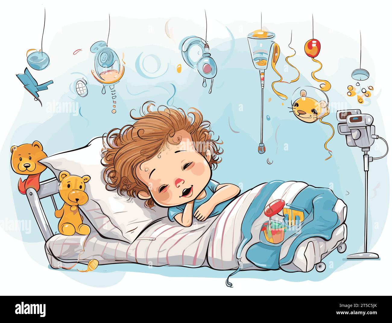 Drawing of Cute little girl lying in bed with her toys illustration