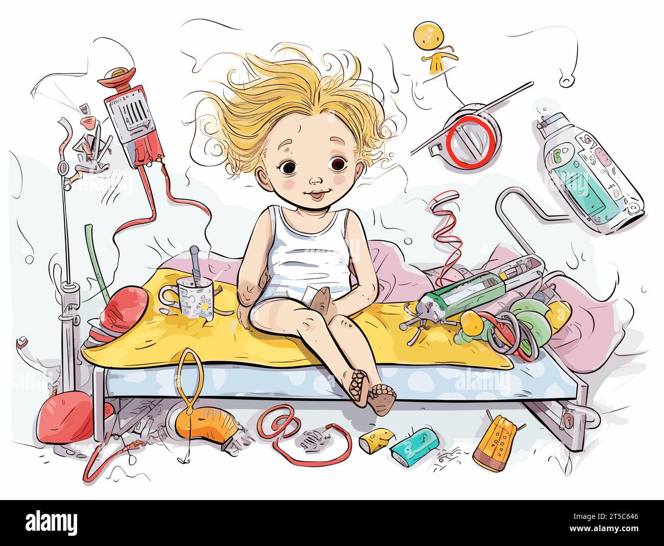 Drawing of Cute little girl lying in bed with her toys illustration