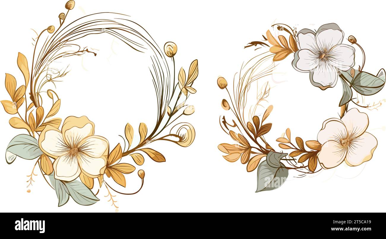 Drawing of flower wreaths with neutral flowers and leaves illustration separated, sweeping overdrawn lines. Stock Vector