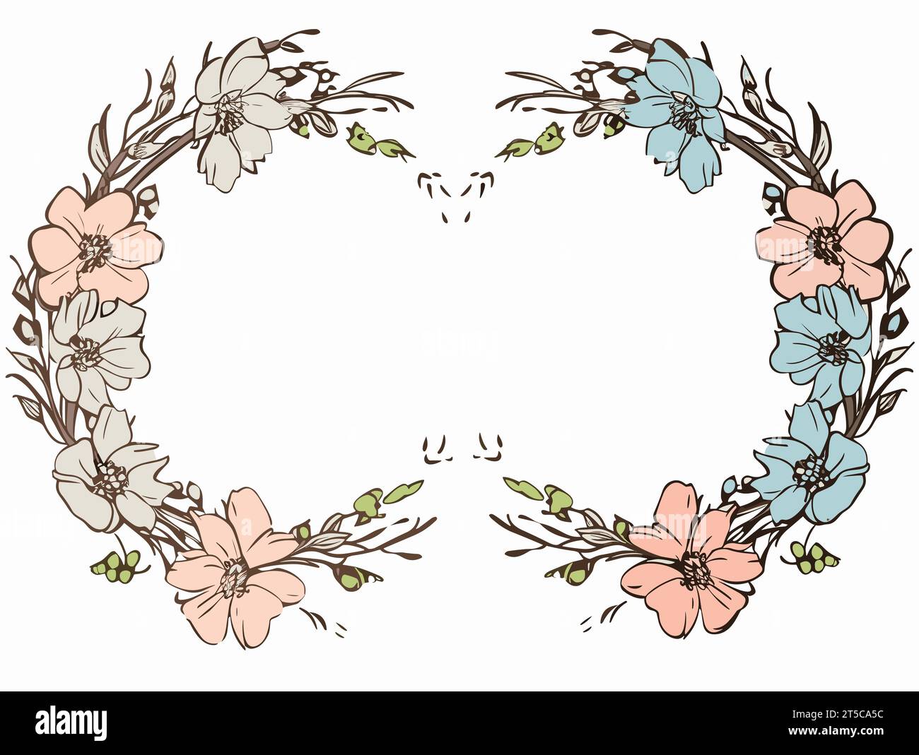 Drawing of flower wreaths with neutral flowers and leaves illustration separated, sweeping overdrawn lines. Stock Vector