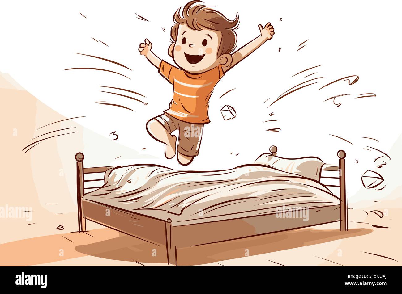 Drawing of happy cute little kid boy jump on bed illustration separated, sweeping overdrawn lines. Stock Vector