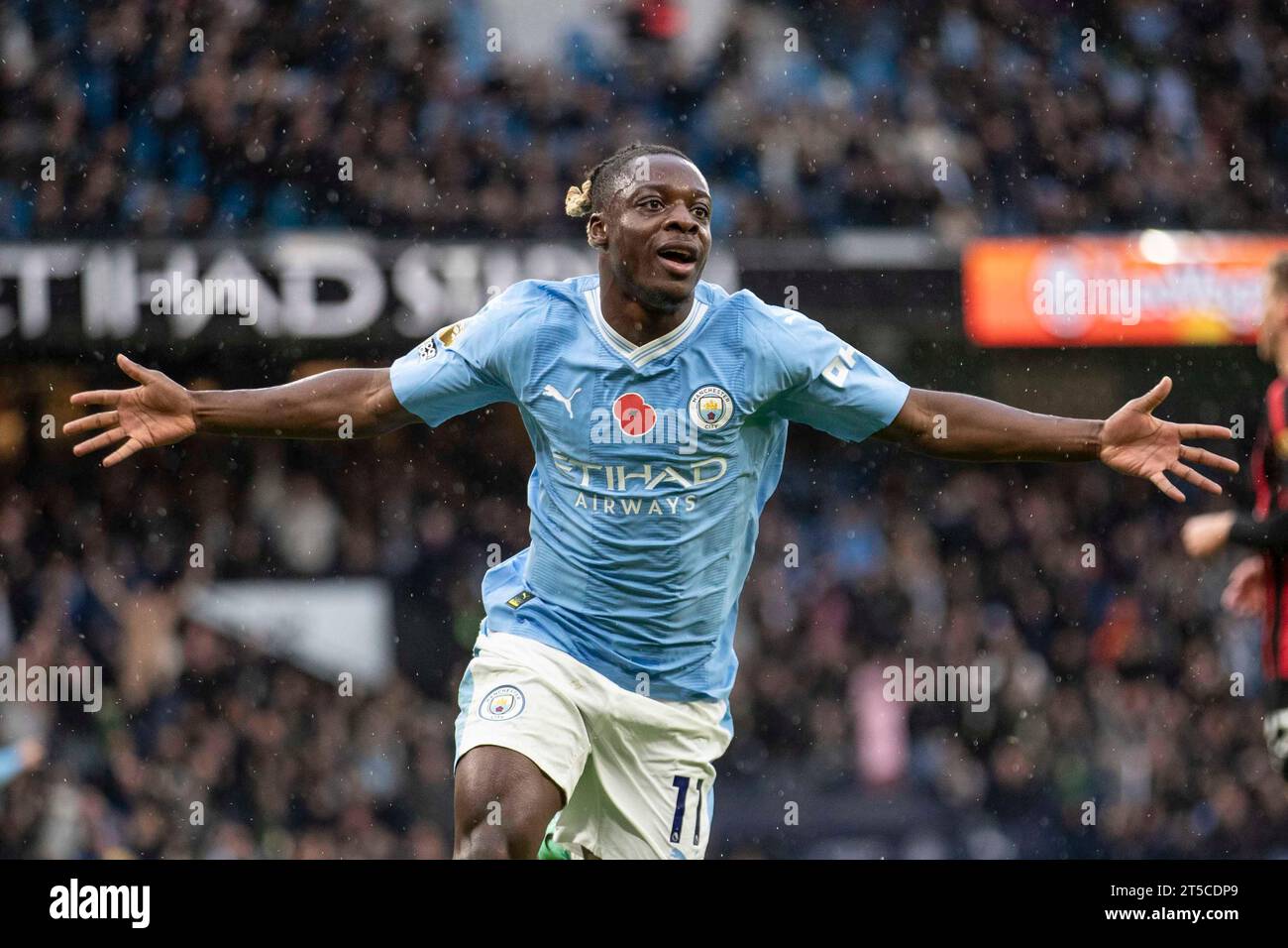 Manchester on Saturday 4th November 2023. Jérémy Doku #11 of Manchester City celebrates his goal during the Premier League match between Manchester City and Bournemouth at the Etihad Stadium, Manchester on Saturday 4th November 2023. (Photo: Mike Morese | MI News) Credit: MI News & Sport /Alamy Live News Stock Photo