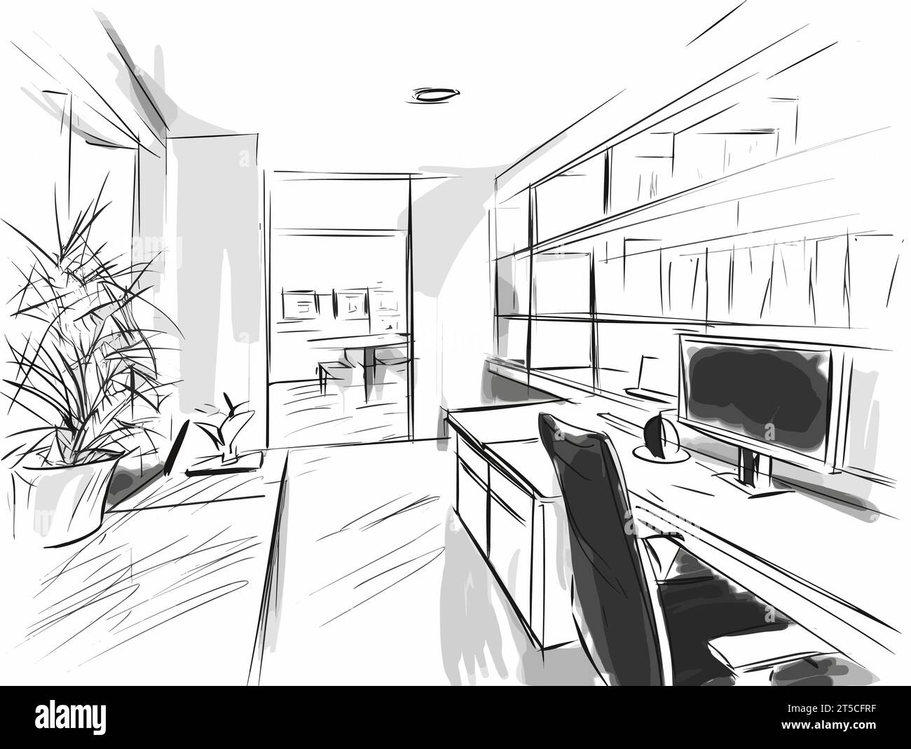 Drawing of Office room.Vector interior for work with table illustration ...