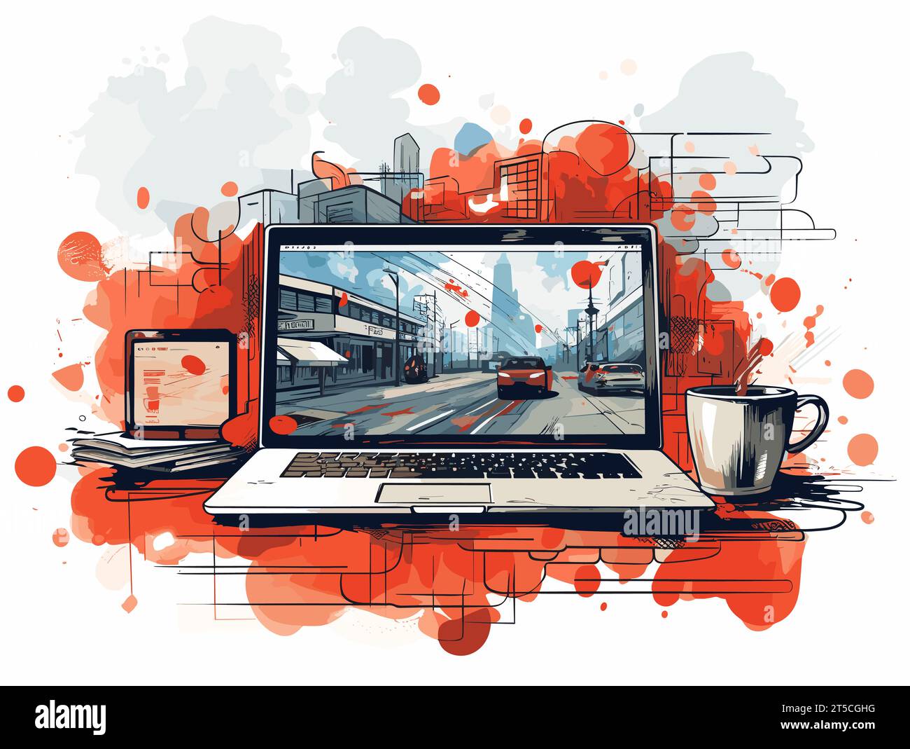 Drawing of Pay traffic ticket online with bank transaction illustration