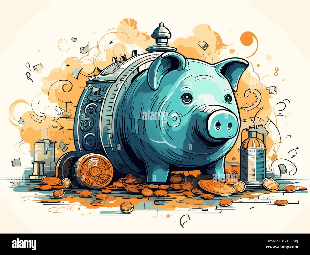 Drawing of Piggy bank saver illustration separated, sweeping overdrawn lines. Stock Vector
