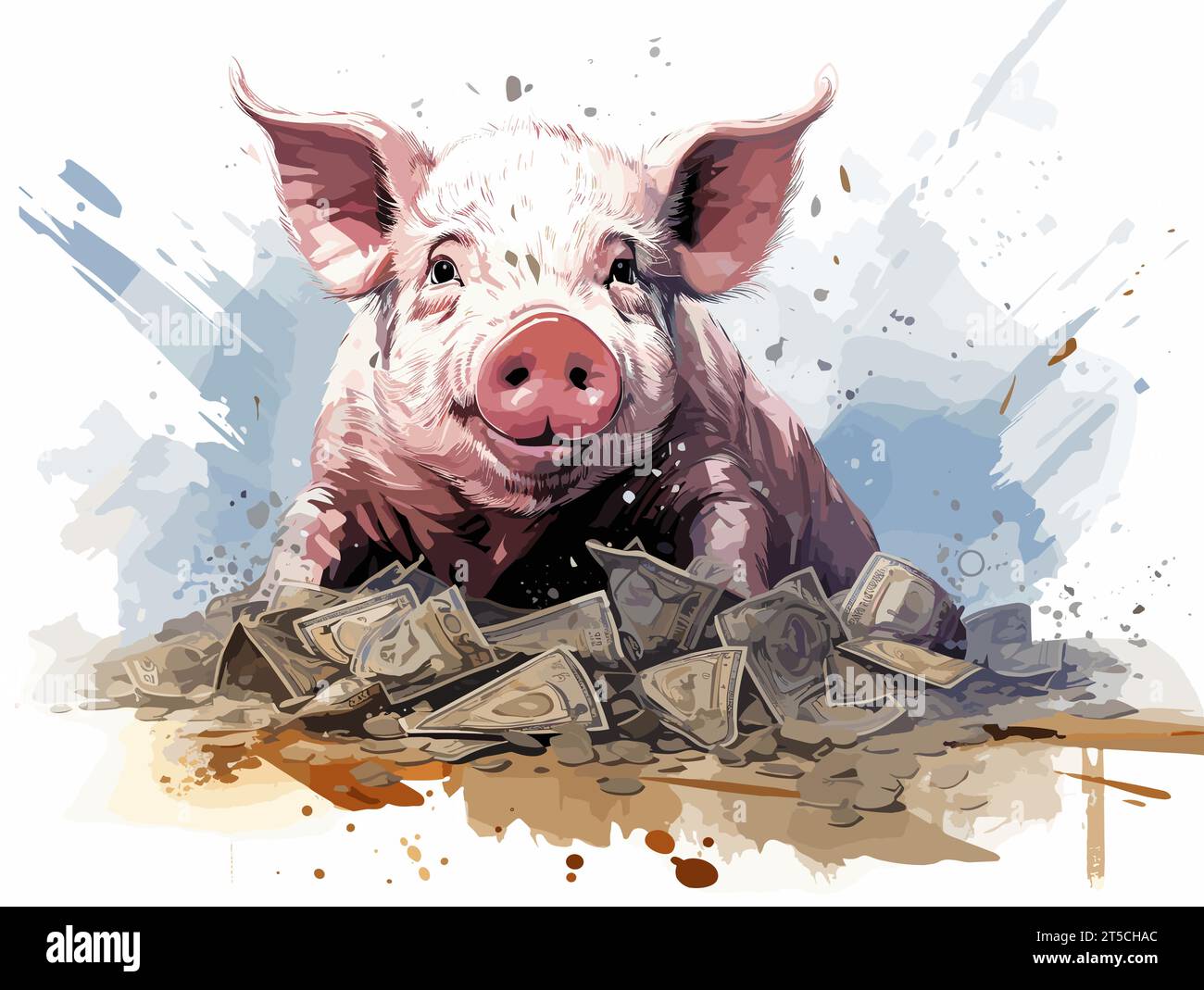 Drawing of Piggy with money illustration separated, sweeping overdrawn lines. Stock Vector