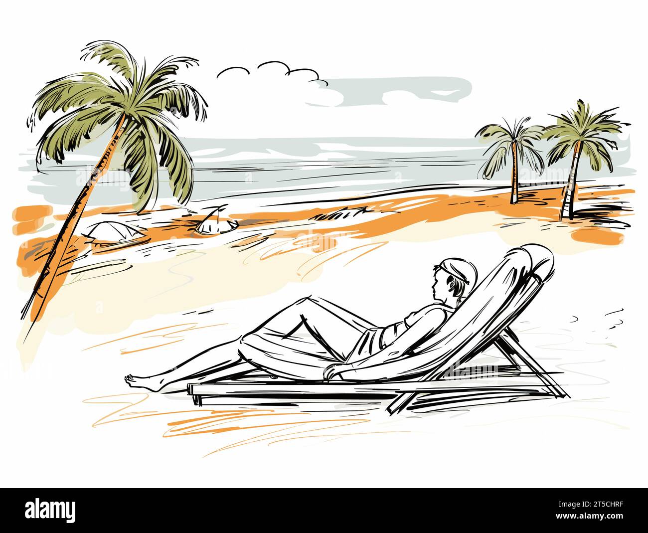 Drawing of Relax on beach illustration separated, sweeping overdrawn lines. Stock Vector