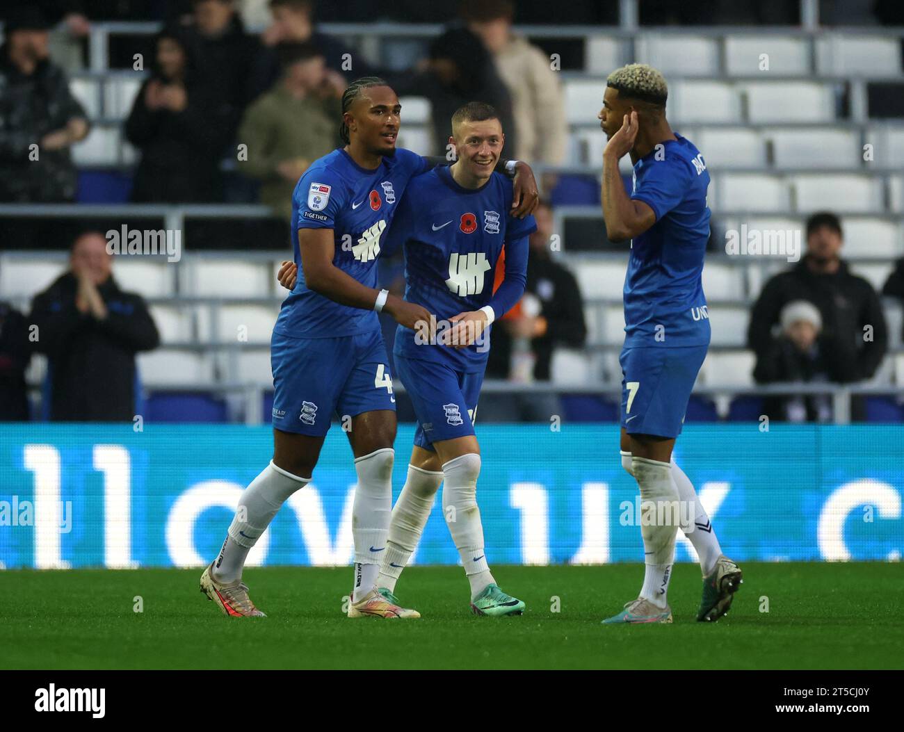 Birmingham City celebrate after Ipswich's Cameron Burgess diverts the ball into his own goal during the Sky Bet Championship match at St. Andrew's, Birmingham. Picture date: Saturday November 4, 2023. Stock Photo